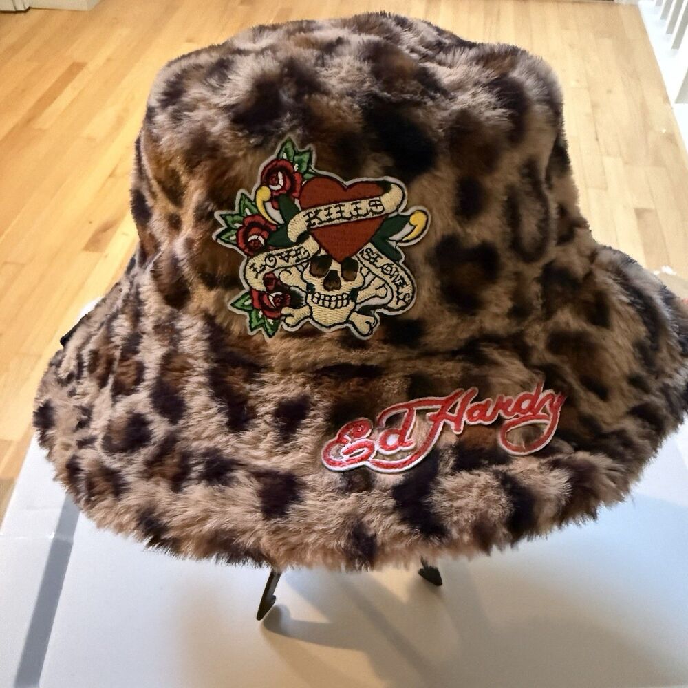 Ed Hardy Y2K Leopard Print Faux Fur Bucket Hat Embroidered Love Kills Slowly NWT